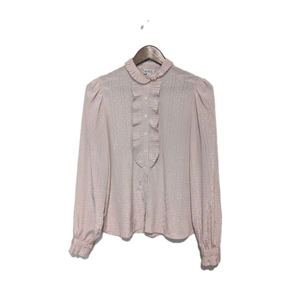 Vintage Silky Ruffle Puff Sleeve Blouse Long Sleeve Pink Jacquard Dot Campus M - Picture 1 of 5